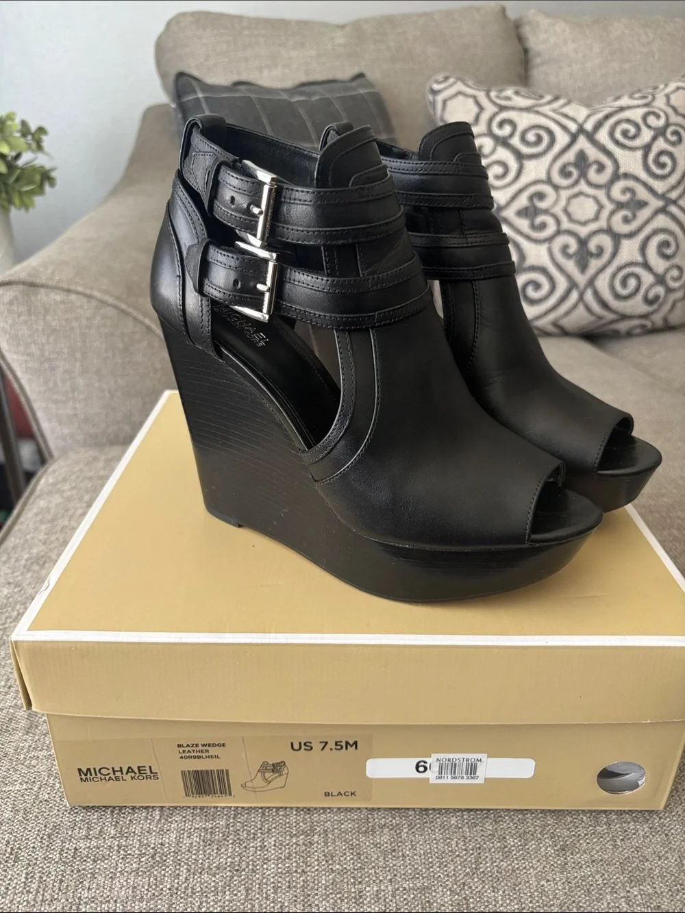 MICHAEL Michael Kors Black Leather Peep-Toe Wedge Sandals